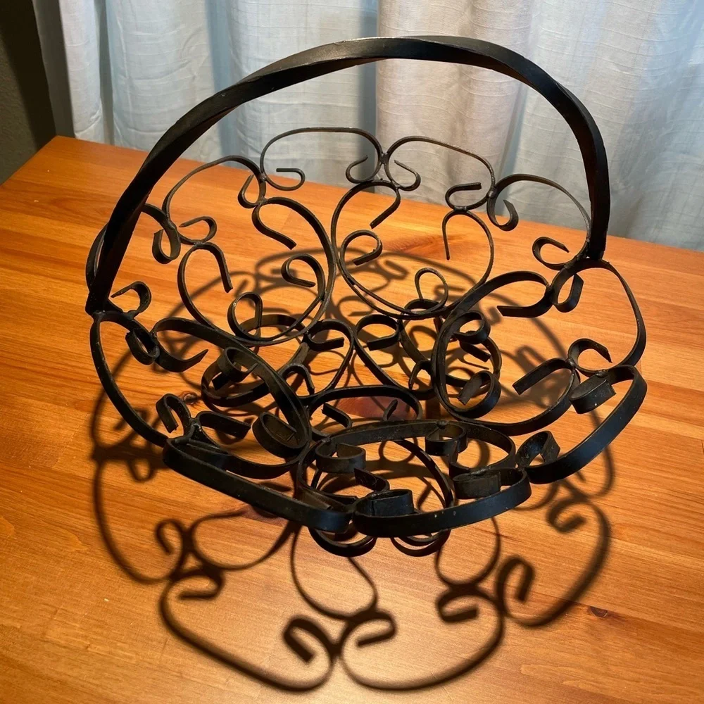 Vtg Black Wrought Iron Metal Scroll Fruit Bowl Magazine Rack Handled Black
